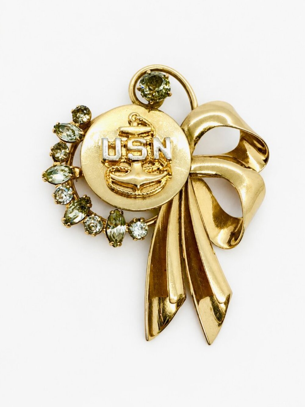 VINTAGE USN BROOCH Navy Sweetheart Rhinestone Anchor Gold Tone Bow Military Pin